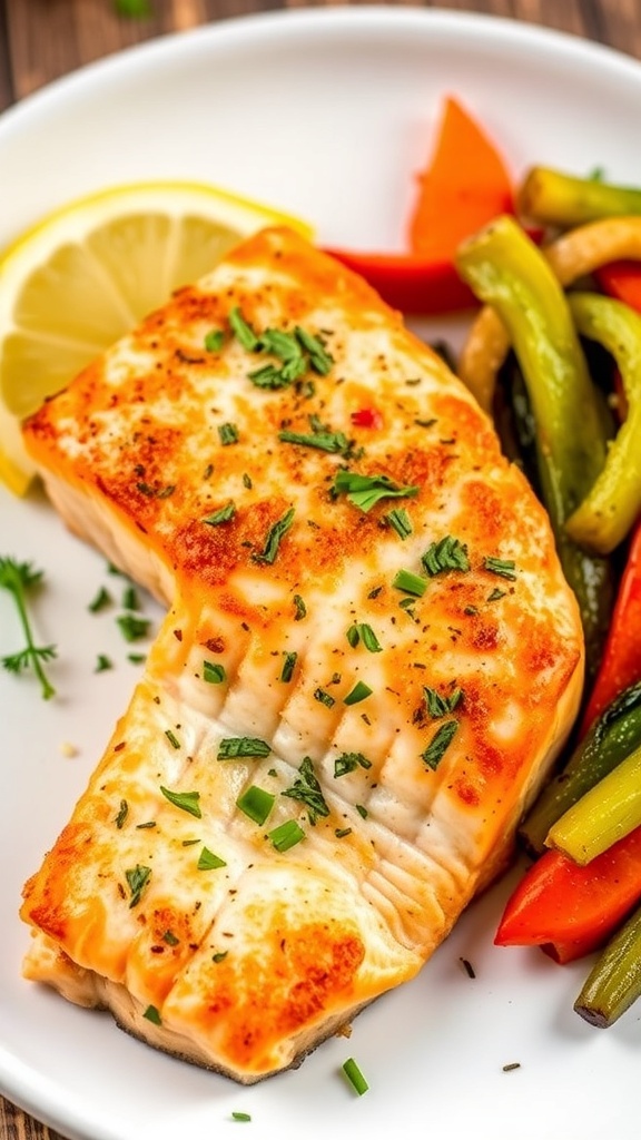 Crispy Air Fryer Salmon Recipe Crispy air fryer salmon fillet garnished with herbs and lemon on a white plate with vegetables.